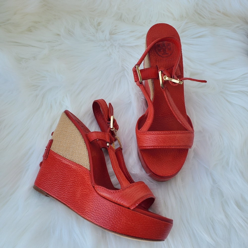 Tory Burch Red Leather Basketweave Wedge Sandal 7